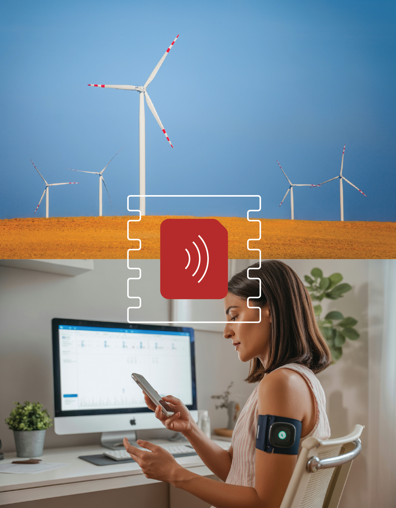 IoT connectivity using eSIM technology showing smart energy systems and remote patient monitoring.